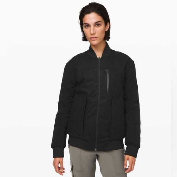 Lululemon Roam Far Wool Goose Down Bomber Puffer Jacket Black/Heathered Black 10 - Picture 2 of 16